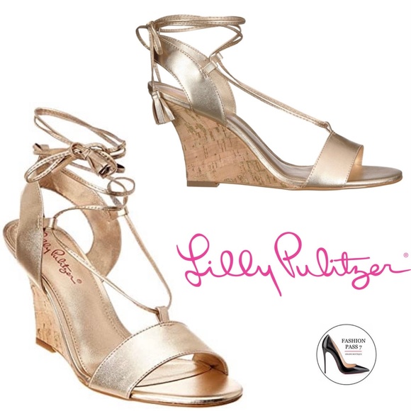 Lilly Pulitzer Aria Cork Wedge Heel Gold Leather Pump Sandal Lace Up Dress Shoes - Picture 3 of 12